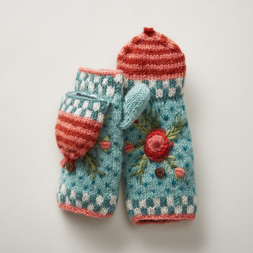 FROSTY BLOOMS CONVERTIBLE MITTENS view 1 AQUA