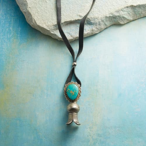 Necklace, Leather Thong, Squash Blossom, Turquoise, Artisan, Jock Favo