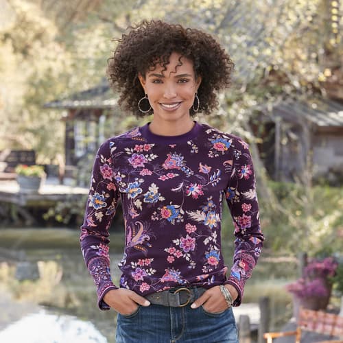 Angra flower rolled edge long-sleeved thermal top-sun plan/ warm