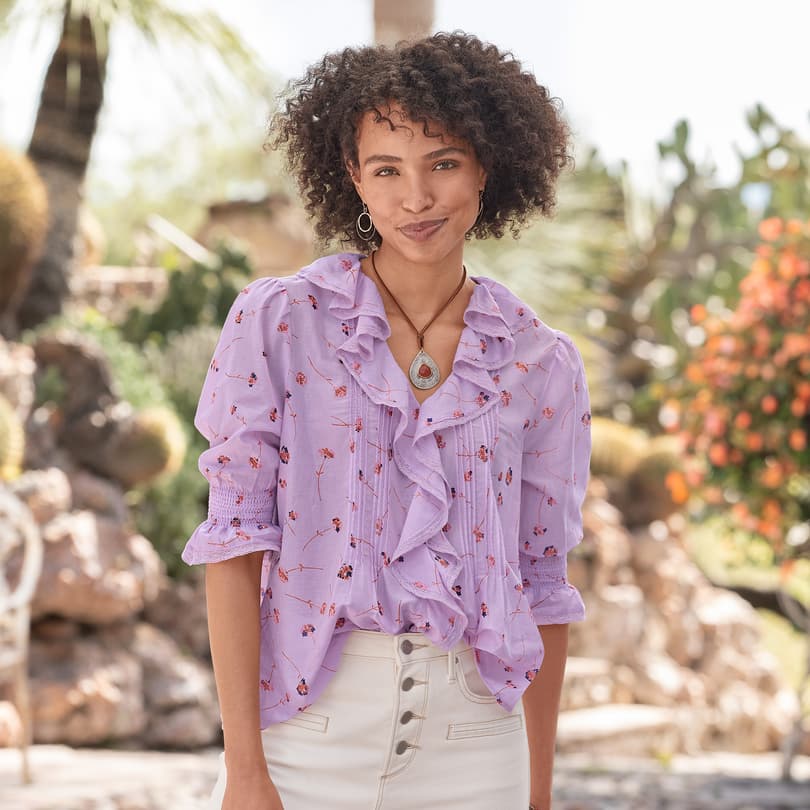 Lavender Floral Ruffle Button Down Top