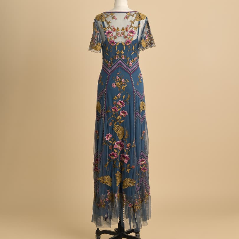Needle & Thread embroidered maxi gown in vintage navy
