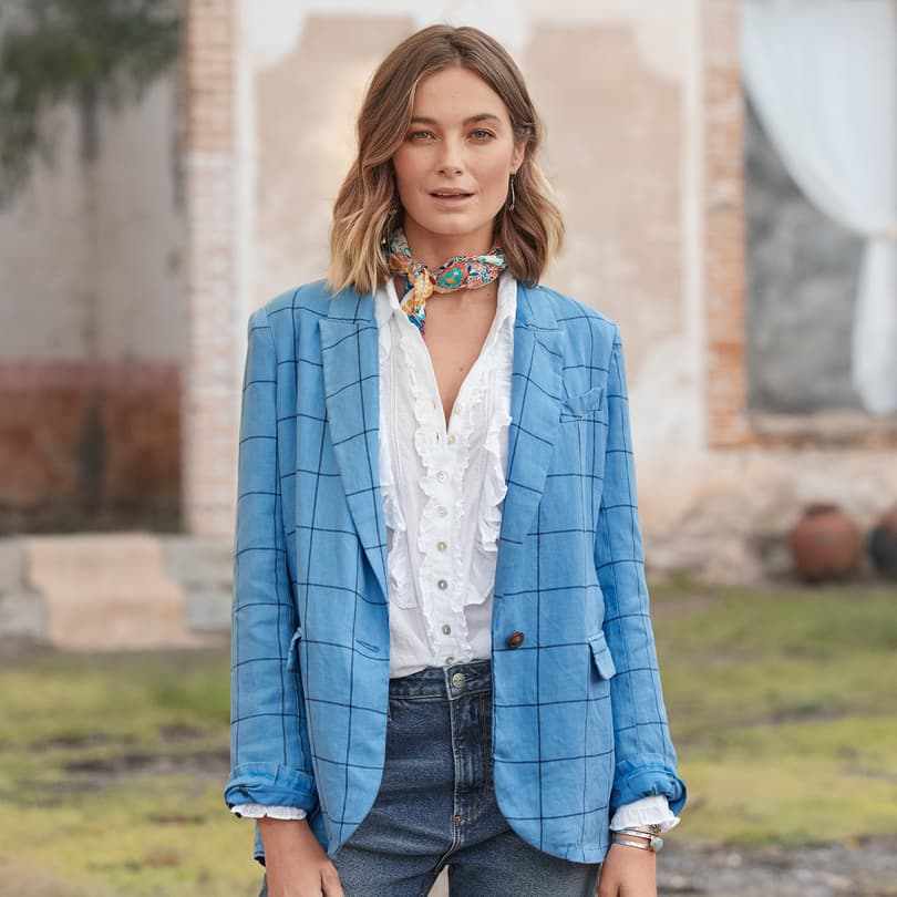 Blue plaid hot sale blazer womens