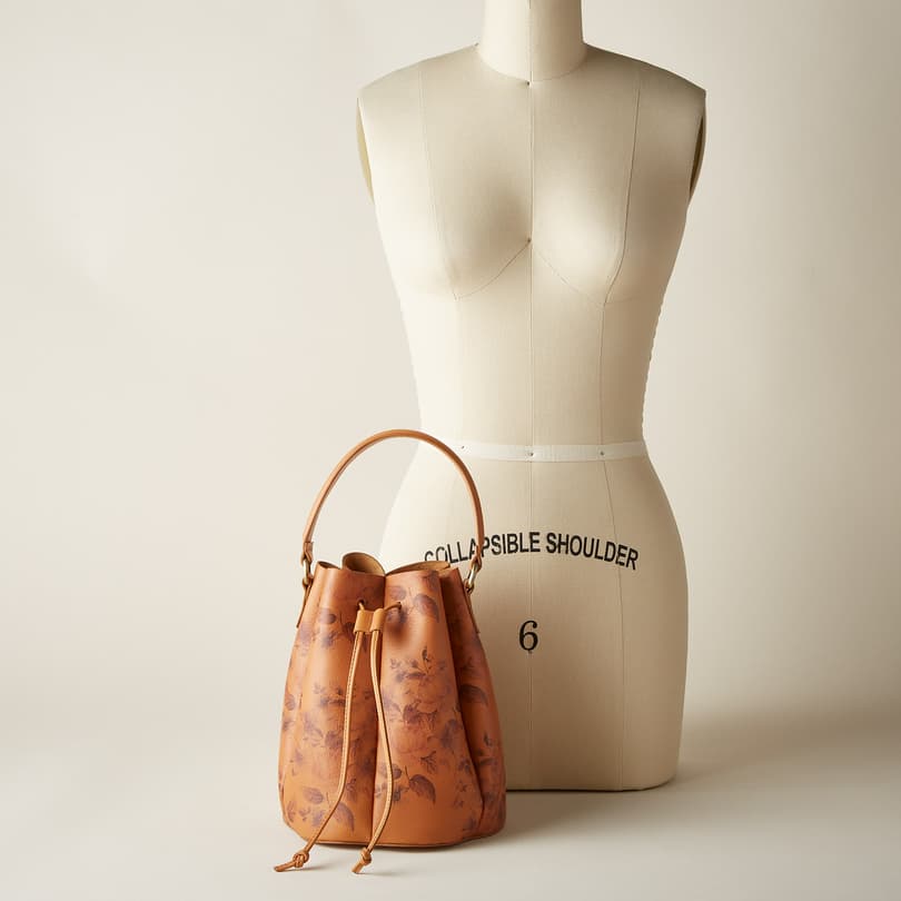 Jeulia Drawstring Bucket Bag Vintage Monogram Leather Crossbody