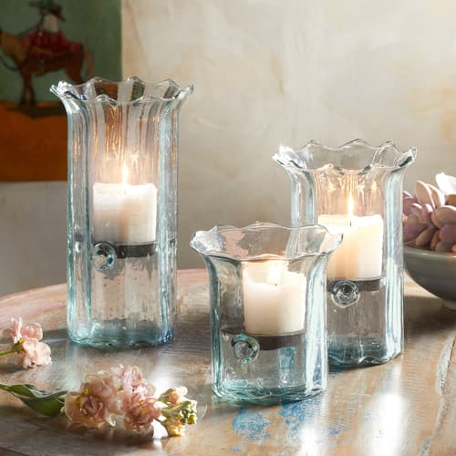 BLOWN GLASS SCALLOPED TABLETOP HURRICANES, SET OF 