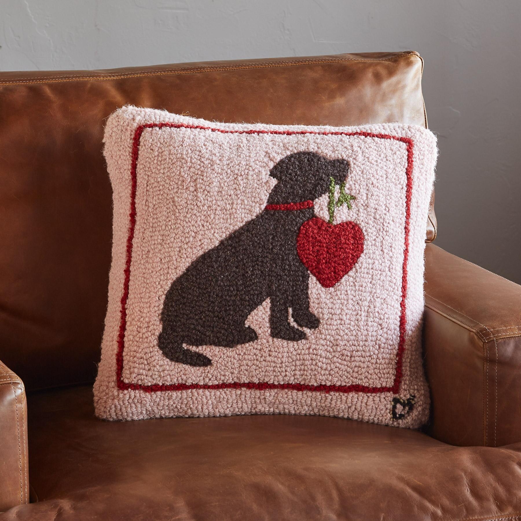 Yellow lab with hearts hooked wool pillow.