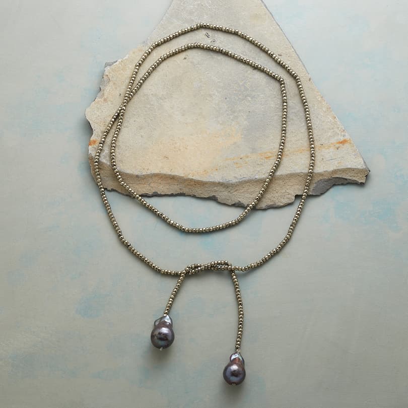 PYRITE AND PEARL LARIAT NECKLACE view 1