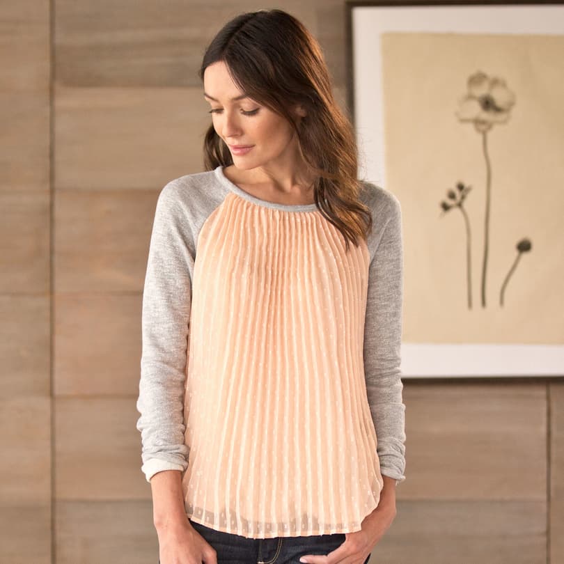 PLEATED WOVEN TOP WITH KNIT SLEEVES view 1 BLUSH