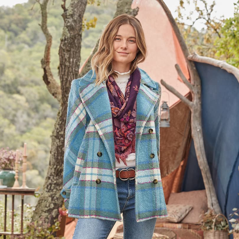 Womens blue plaid outlet coat