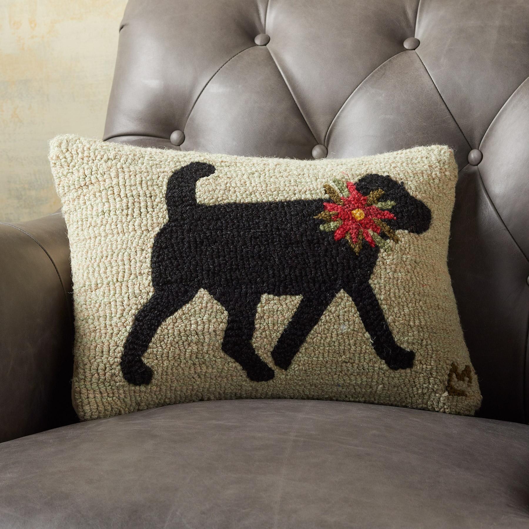 Yellow lab and heart hooked wool pillow