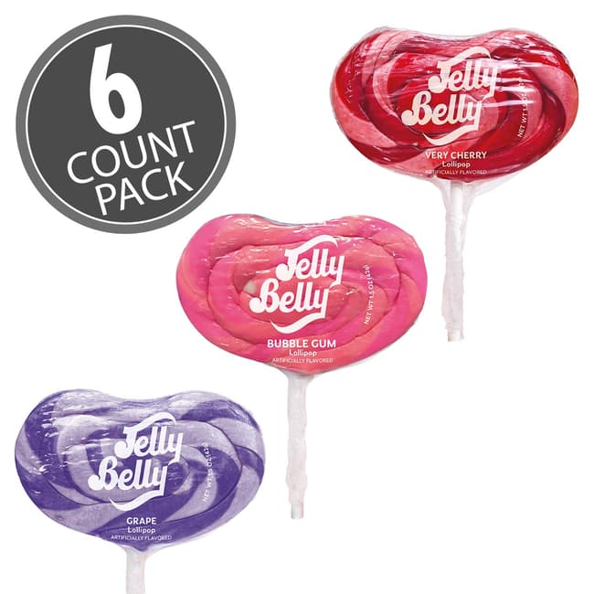 Jelly Belly Lollipops 6Count Pack Bubble Gum, Grape & Very Cherry