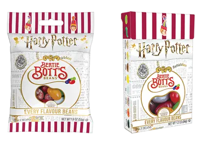 Harry Potter Bertie Botts 1.9 ounce Grab and Go bag, Harry Potter Bertie Botts 1.2 ounce Flip Top box, and Harry Potter Bertie Botts Every-Flavour Beans 4.25 ounce Gift Box.