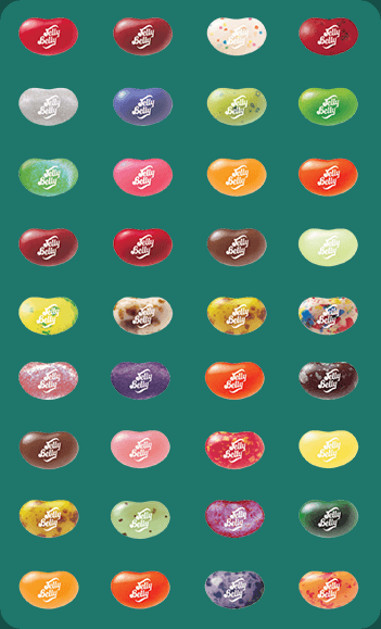 Display of 72 flavors of Jelly Belly jelly beans