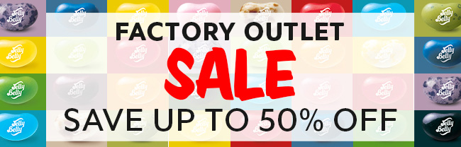 Text reading Factory Outlet Sale, Save up to 50% off on a background of different colored jelly beans