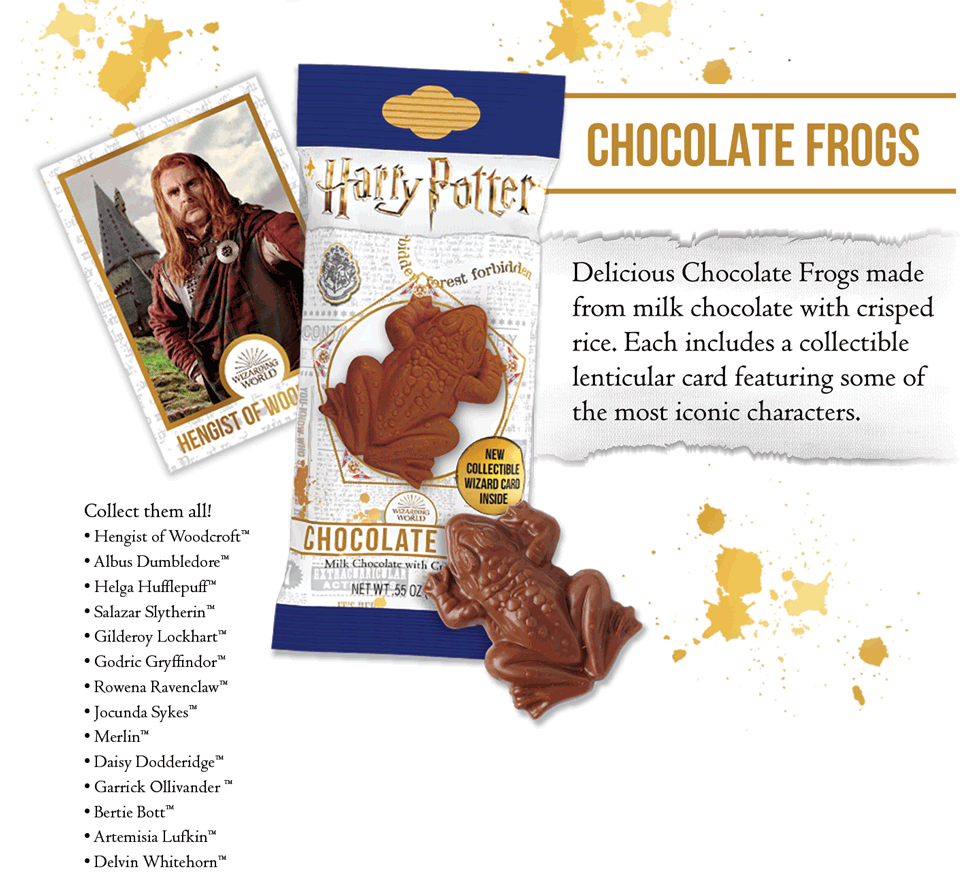 Chocolate Frogs. Delicious Chocolate Frogs made from milk chocolate with crisped rice. Each includes a collectible lenticular card featuring famous witches and wizards in the Wizarding World.