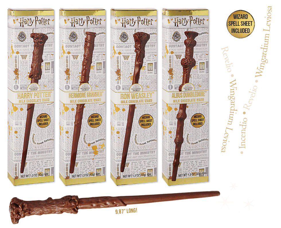 Harry Potter Milk Chocolate Wand, Hermoine Granger Milk Chocolate Wand, Ron Weasley Milk Chocolate Wand, Albus Dumbledore Milk Chocolate Wand. Each wand is approximately 9.87 inches long