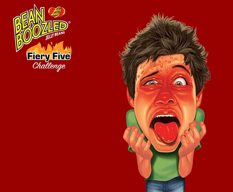 Caricature character of a red faced boy sweating from his forehead and tongue sticking out with a beanboozled fiery five edition logo above his head and to the left