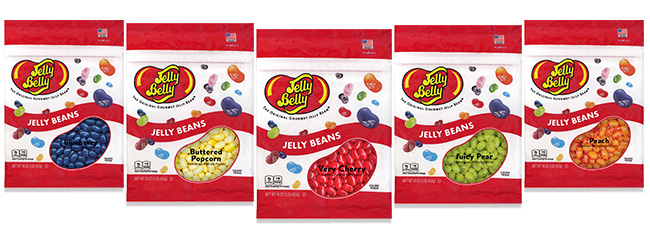 A variety of 1 lb Bags of Jelly Beans including flavors: Blueberry, Buttered Popcorn, Very Cherry, Juicy Pear, and Peach