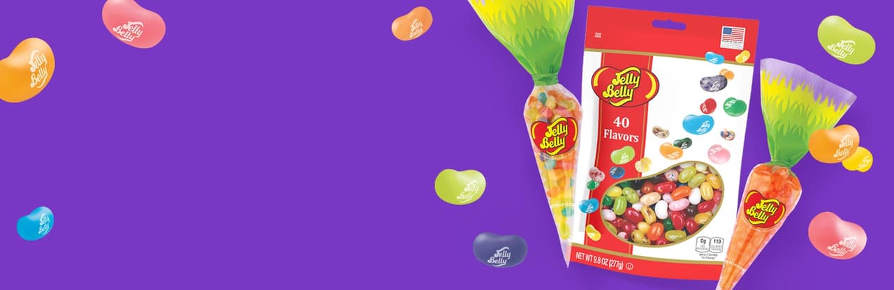 Jelly Belly Sour Pucker Lips 2.8 oz bag and Valentine's 10-Flavor 4.25 oz Gift Box against a red background.