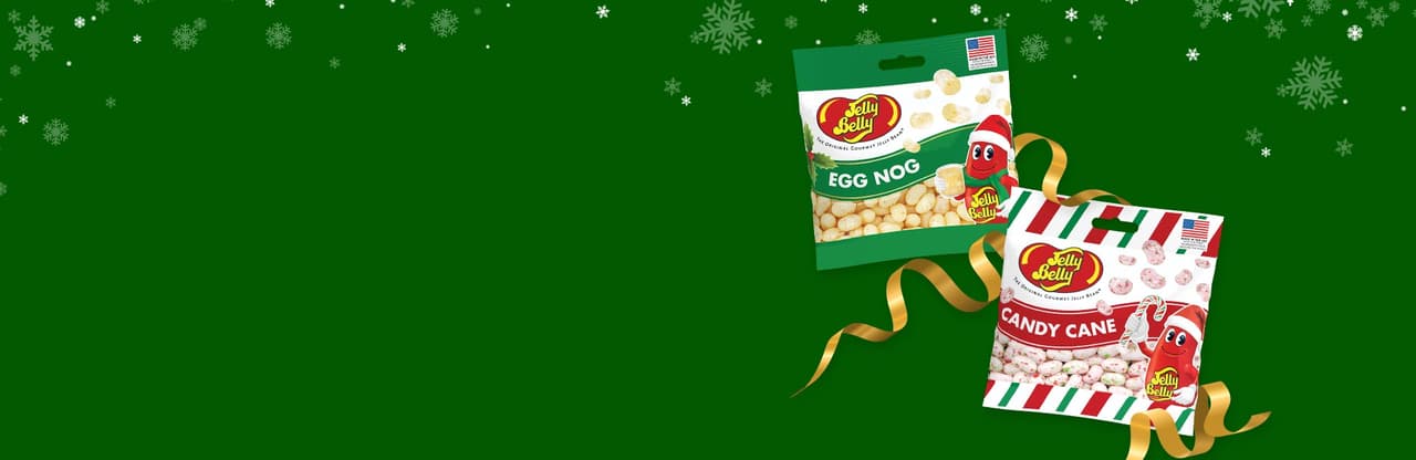 Jelly Belly Egg Nog and Candy Cane Grab & Go Bags against a green background with snowflakes falling around.