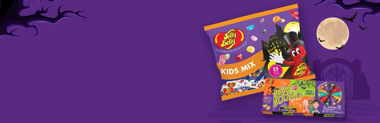Jelly Belly 8.1 oz Fun Pack with Kids Mix Jelly Beans 0.35 oz bags and BeanBoozled Trick or Treat 3.5 oz Spinner Gift Box against a purple background.