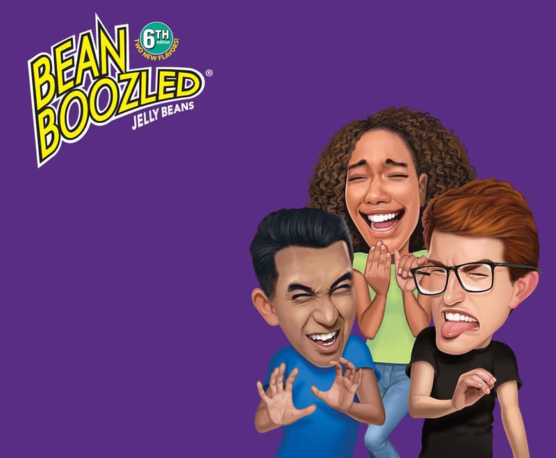 Caricature characters of two boys and a girl making faces and slightly smiling with a beanboozled logo above their heads and to the left