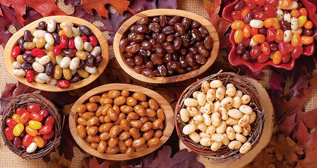 Fall colored jelly beans in a variety of fall shaped bowls