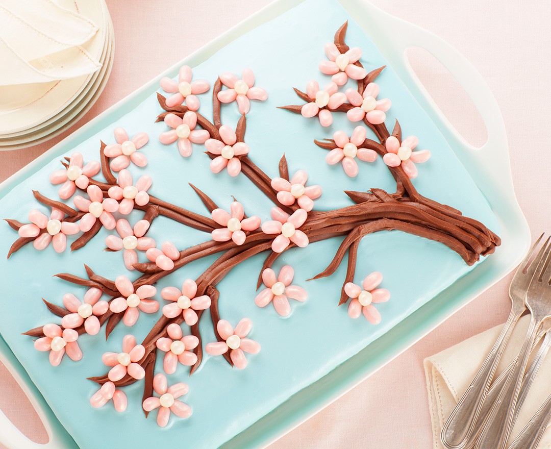 Cherry Blossom Cake on a tray