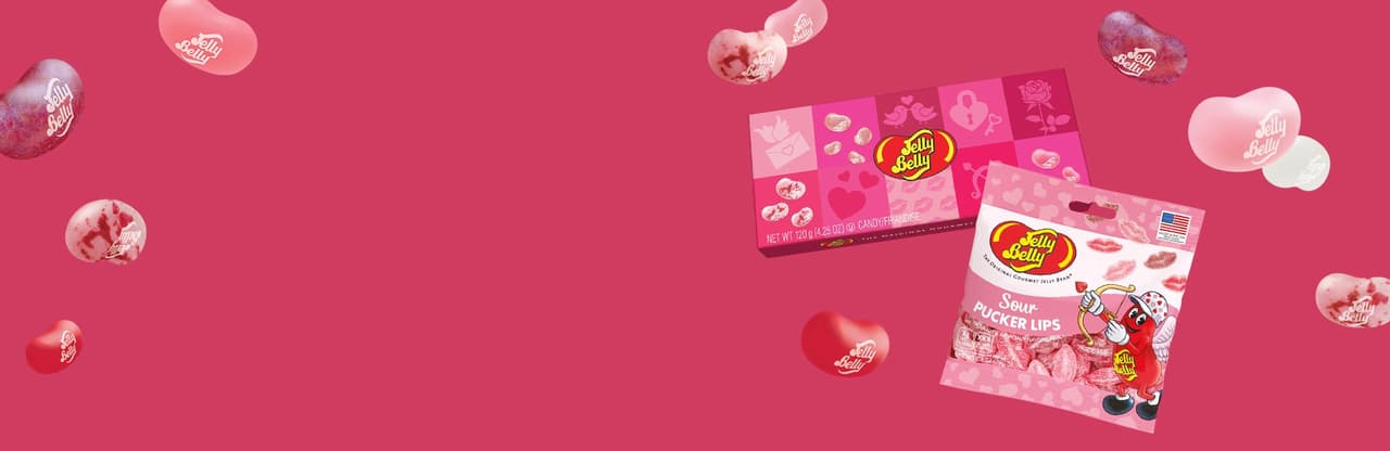 Jelly Belly Sour Pucker Lips Grab & Go Bag and 10-Flavor Valentine's Day Gift Box with Pink, Red, and White Jelly Beans falling around them.