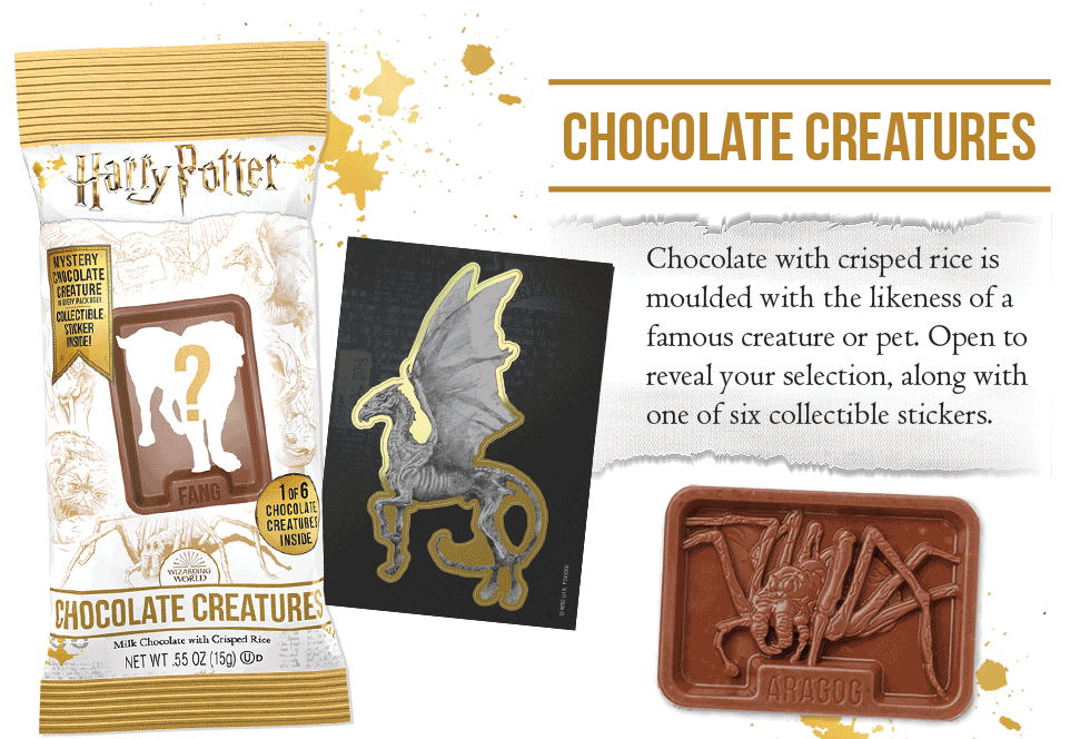 Chocolate Creatures. Chocolate with crisped rice is molded with the likeness of a famous creature or pet. Open to reveal your selection, along with one of six collectible stickers.