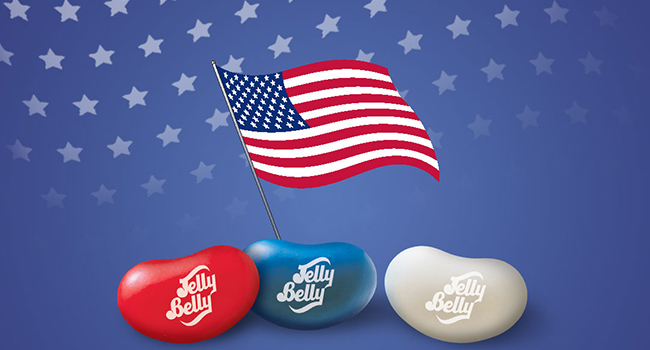 Very Cherry, Blueberry, and Coconut jelly beans with an American flag set against a blue background with white stars